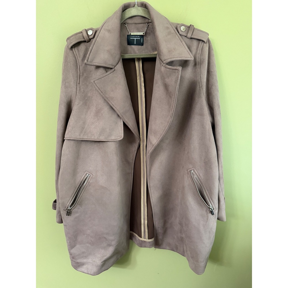 Tahari Woman Mauve Taupe Faux Suede Open Front Trench Coat Jacket Plus Size